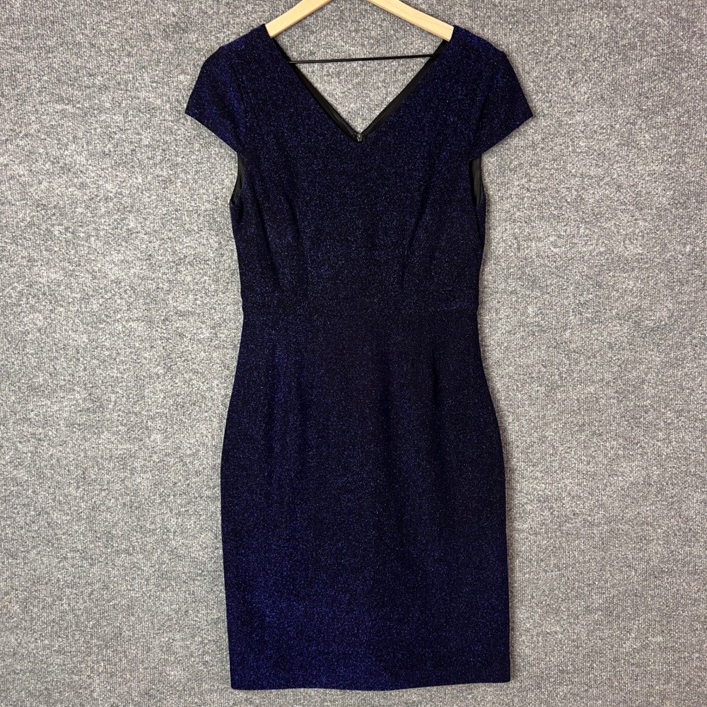Betsey Johnson‎ Sparkle Glitter V Neck Cap Sleeve Sheath Dress Navy Blue Size 10